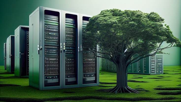 green data center integrated into the forest. Generative AI, Generative, AI.