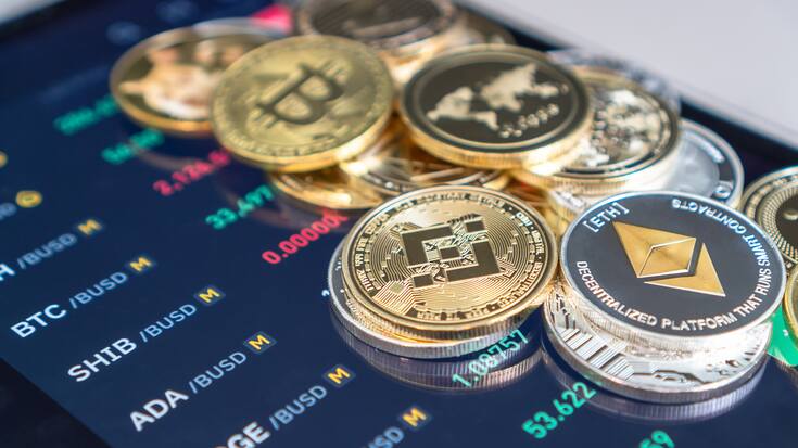 Cryptocurrency on Binance trading app, Bitcoin BTC with BNB, Ethereum, Dogecoin, Cardano, Litecoin, altcoin digital coin crypto currency defi p2p decentralized finance and fintech banking market