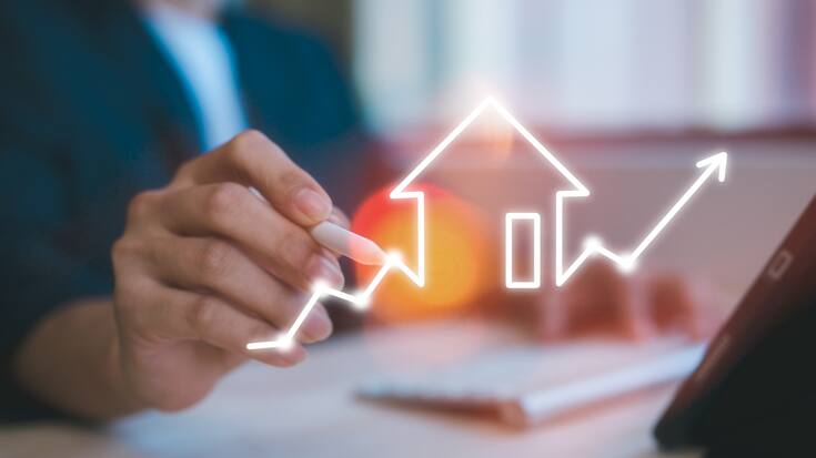 real estate investment energy efficiency rating and property value, Real estate online. new home for the family, home search, land price, property tax man using computer working with virtual chart