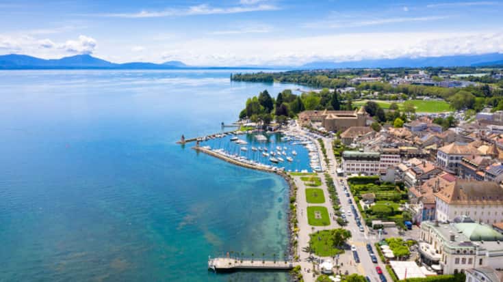 Aerial view of Morges city waterfront in the border of the Leman Lake in Switzerland