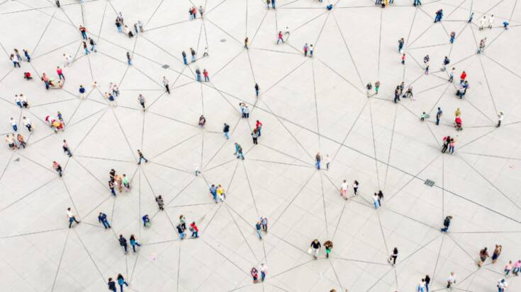 Aerial view of crowd connected by lines