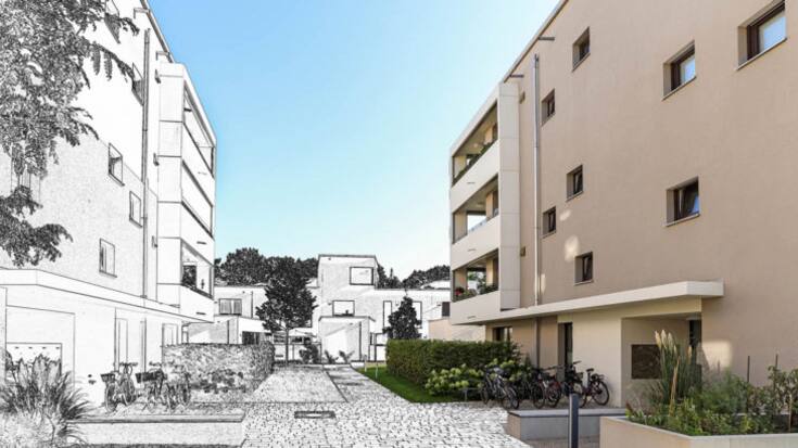 Drawing sketch of a residential area with modern apartment buildings, new green urban landscape in the city