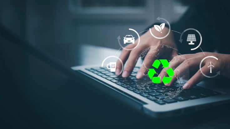 Businessman using laptops and touch recycle symbol with virtual modern reduce CO2 emission concept with icons, global warming emissions carbon footprint climate change to limit global warming, energy