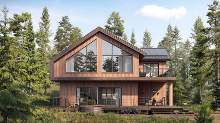 3d rendering of wooden forest house surrounded by trees. Digitally generated image of a luxurious forest bungalow with large windows during day.