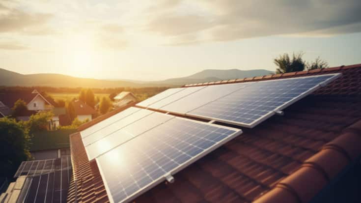 Construction industry, aerial view. An electrician in a helmet is installing a solar panel system outdoors. Engineer builds solar panel station on house roof