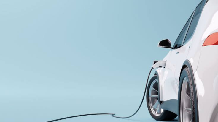 E-mobility, electric car charging battery on blue background. 3d