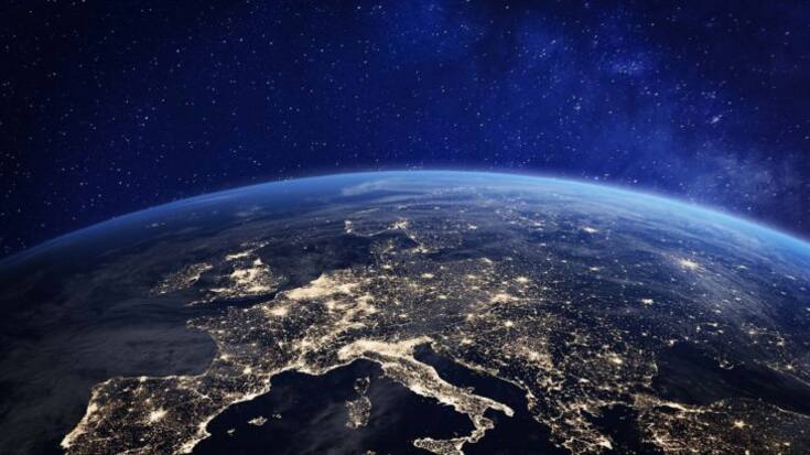Europe at night viewed from space with city lights showing human activity in Germany, France, Spain, Italy and other countries, 3d rendering of planet Earth, elements from NASA