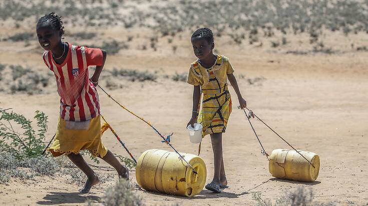 Depuis fin 2020, les pays de la Grande Corne de l'Afrique (Éthiopie, Érythrée, Somalie, Djibouti, Kenya et Soudan), large péninsule de l'est du continent, subissent leur pire sécheresse depuis quarante ans. Ici, des fillettes trainent des conteneurs d'eau dans le nord du Kenya.