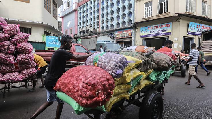 Des tireurs de charrettes à bras travaillent sur un marché de gros dans le centre commercial de Colombo, au Sri Lanka, le 11 décembre 2023. (archives)