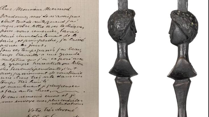 Alberto Giacometti écrit à un des acheteurs de ses oeuvres, Henry-Louis Mermoud. A droite, détail du lampadaire