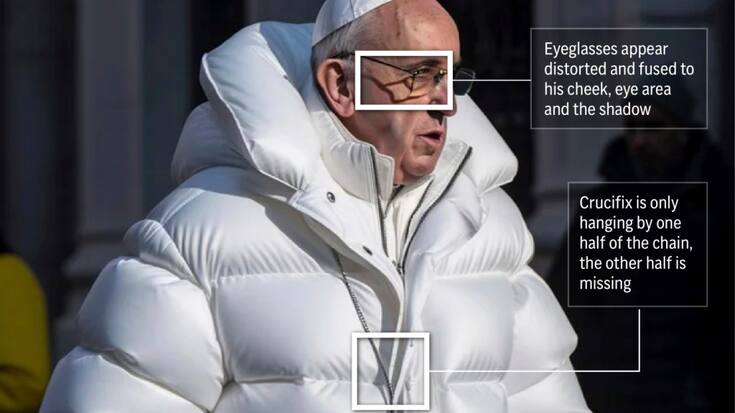 La RTS veut notamment sensibiliser à la question des deepfakes, ces techniques de synthèse qui permettent de créer des vidéos ou images trompeuses (comme ici une photo truquée du pape François, générée par un outil d'IA).