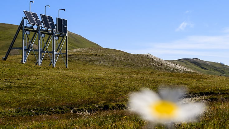 Le parc solaire alpin Grengiols Solar est prévu entre 2000 et 2500 mètres d'altitude dans le parc naturel de la vallée de Binn. Ici, une installation-test en juillet 2023. (Archives).