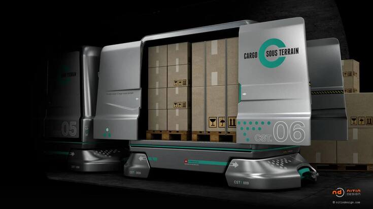 Le projet Cargo sous terrain projette  de construire un vaste réseau souterrain  de transport  de marchandise par des véhicules électriques  autononomes.