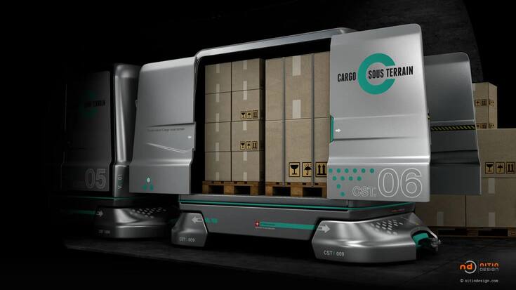 Le projet Cargo sous terrain projette  de construire un vaste réseau souterrain  de transport  de marchandise par des véhicules électriques  autononomes.