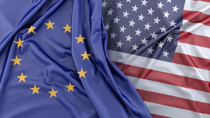 Ruffled Flags of European Union and United States of America. 3D Rendering