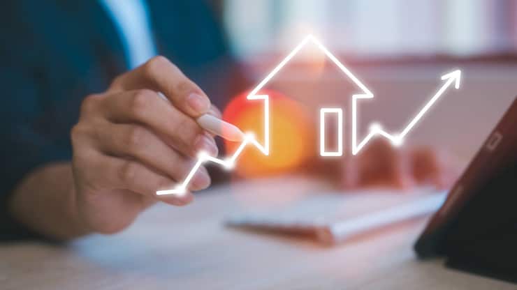 real estate investment energy efficiency rating and property value, Real estate online. new home for the family, home search, land price, property tax man using computer working with virtual chart