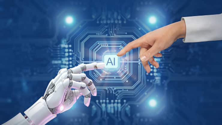 White cyborg robotic hand pointing his finger to human hand with stretched finger - ai artificial intelligence.