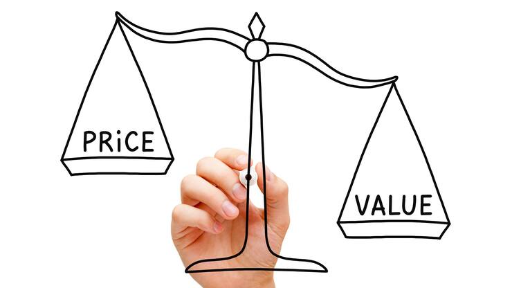 Hand drawing Value Price scale concept with black marker on transparent wipe board isolated on white.