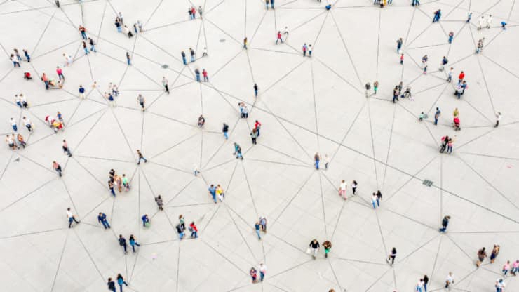 Aerial view of crowd connected by lines