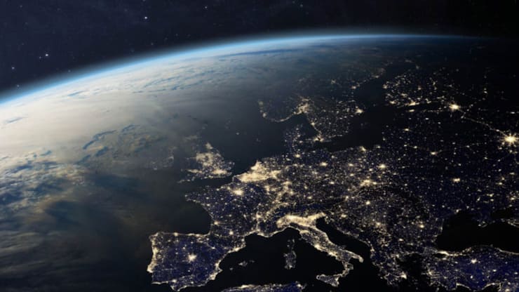 Planet Earth from the space at night. Europe at night viewed from space with city lights in Germany, France, Spain, Italy, Portugal, United Kingdom, Ireland, Greece, Turkey, Denmark, Austria, UK and other countries. Elements of this image furnished by NASA. ______ Url(s): "https://images.nasa.gov/details-iss040e074978.html"https://photojournal.jpl.nasa.gov/catalog/PIA17257"https://svs.gsfc.nasa.gov/30028"Software: Adobe Photoshop CC 2015. Knoll light factory. Adobe After Effects CC 2017.