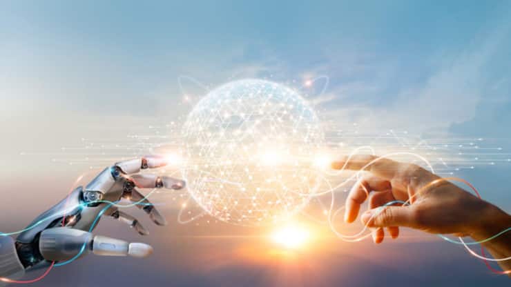 AI, Machine learning, Hands of robot and human touching big data of Global network connection, Internet and digital technology, Science and artificial intelligence digital technologies of futuristic.
