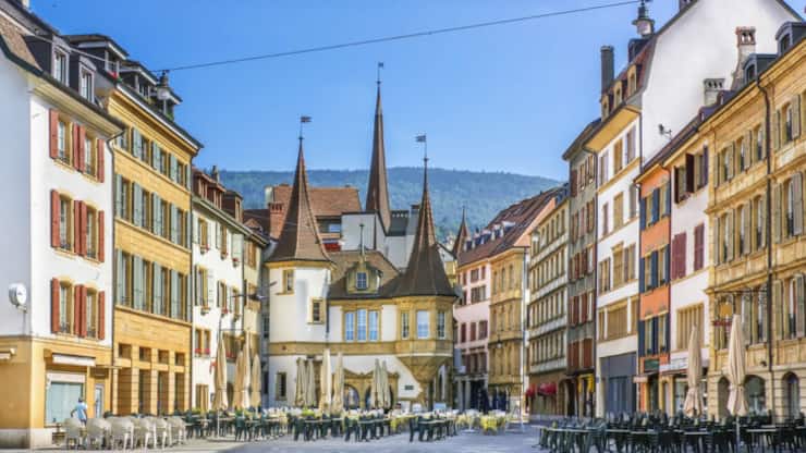 Market square in the old town of Neuchatel, Switzerland