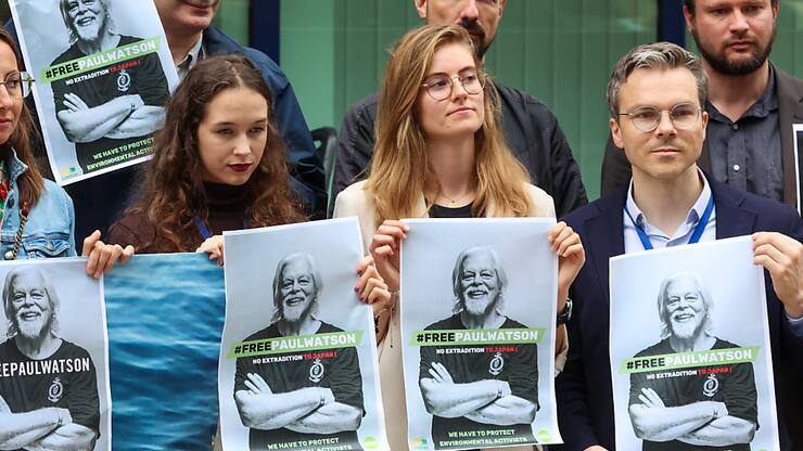En détention au Groenland et menacé d'extradition au Japon, l'écologiste Paul Watson - ici soutenu par des députés européens - demande l'asile politique à la France.