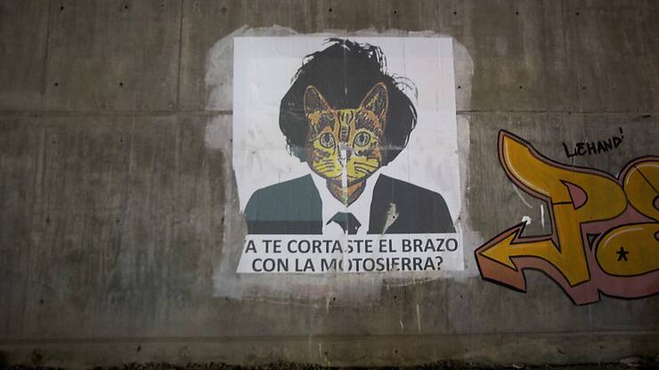 Une affiche critiquant le président argentin Javier Milei est accrochée le long d'un trottoir de La Rioja, en Argentine. Elle pose la question en espagnol: "Te couperais-tu le bras avec la tronçonneuse ?", en référence aux mesures d'austérité.