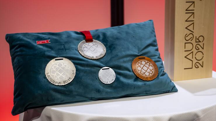 Une vue des médailles qui seront distribuées lors de la 77e Fête fédérale de gymnastique (FFG) Lausanne 2025, qui débute jeudi.