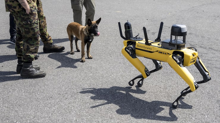 Un chien observe un robot de garde non armé, fabriqué par Boston Dynamics. En Suisse aussi, la robotique figure parmi les domaines de recherche prioritaires pour faire face aux menaces actuelles.