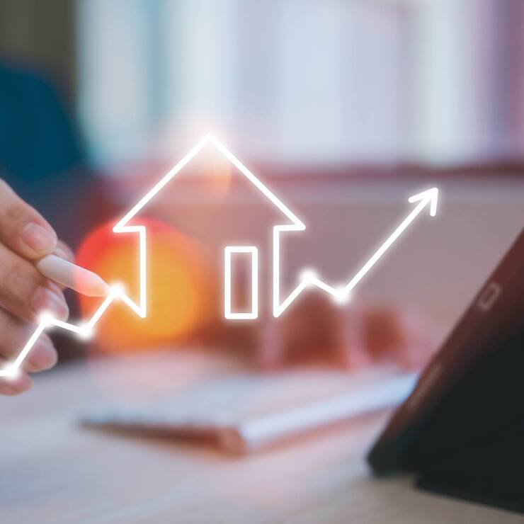 real estate investment energy efficiency rating and property value, Real estate online. new home for the family, home search, land price, property tax man using computer working with virtual chart