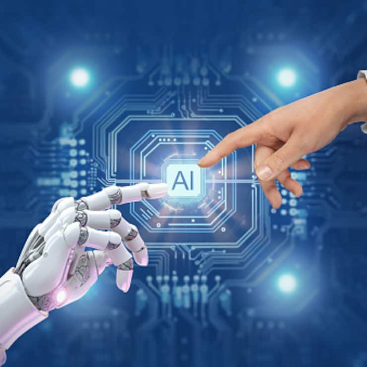 White cyborg robotic hand pointing his finger to human hand with stretched finger - ai artificial intelligence.