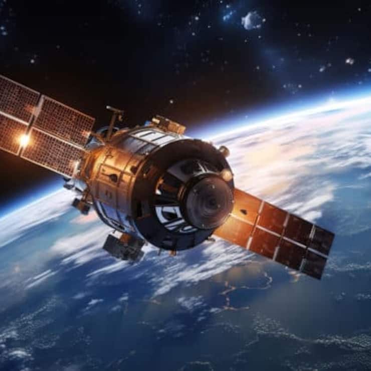 View from ISS station. Blue planets in deep space.