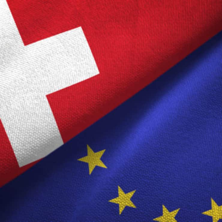 European Union and Switzerland flag together realtions textile cloth fabric texture