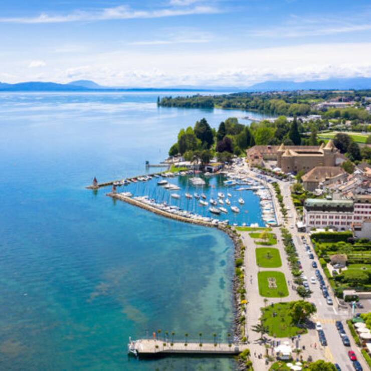 Aerial view of Morges city waterfront in the border of the Leman Lake in  Switzerland