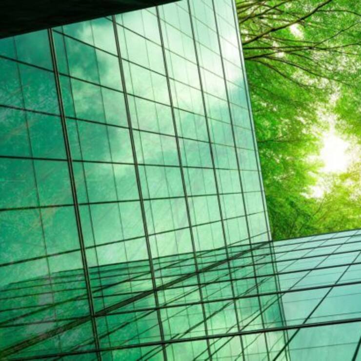 Eco-friendly building in the modern city. Green tree branches with leaves and sustainable glass building for reducing heat and carbon dioxide. Office building with green environment. Go green concept.