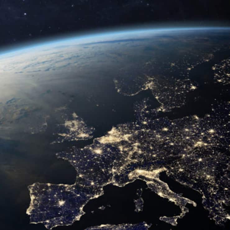Planet Earth from the space at night. Europe at night viewed from space with city lights in Germany, France, Spain, Italy, Portugal, United Kingdom, Ireland, Greece, Turkey, Denmark, Austria, UK and other countries. Elements of this image furnished by NASA. ______ Url(s): "https://images.nasa.gov/details-iss040e074978.html"https://photojournal.jpl.nasa.gov/catalog/PIA17257"https://svs.gsfc.nasa.gov/30028"Software: Adobe Photoshop CC 2015. Knoll light factory. Adobe After Effects CC 2017.