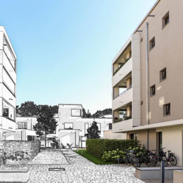 Drawing sketch of a residential area with modern apartment buildings, new green urban landscape in the city