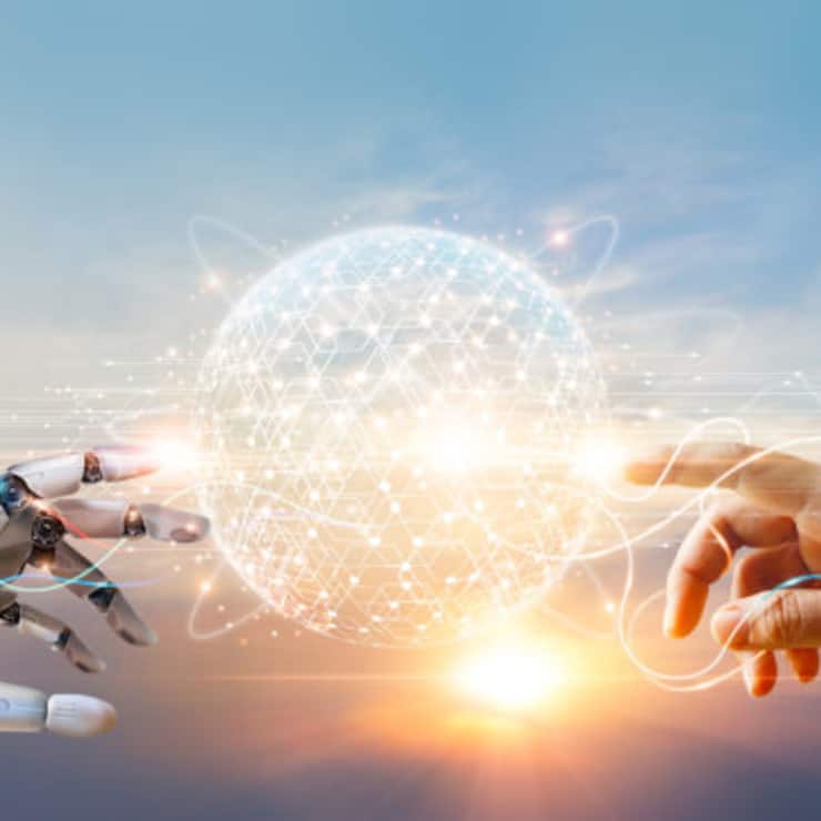 AI, Machine learning, Hands of robot and human touching big data of Global network connection, Internet and digital technology, Science and artificial intelligence digital technologies of futuristic.