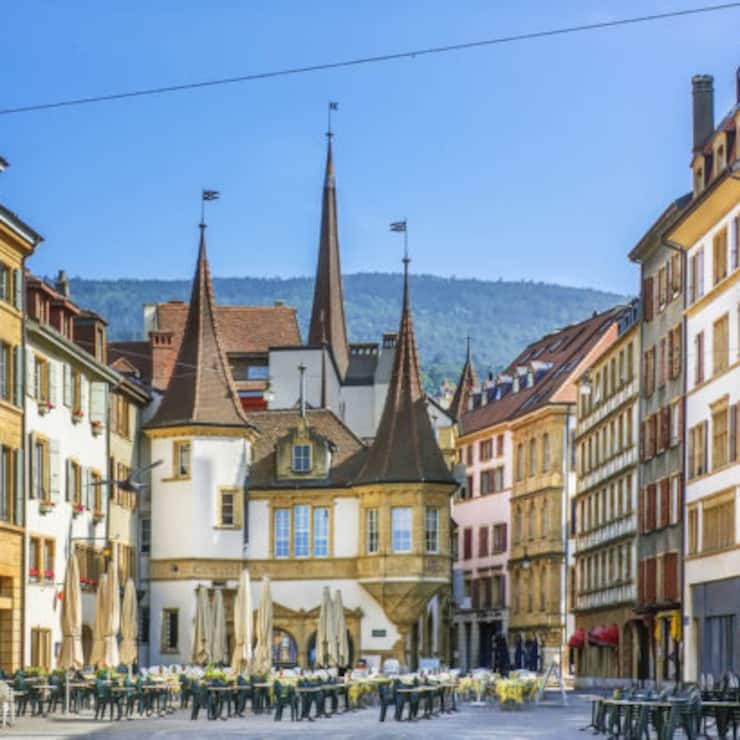 Market square in the old town of Neuchatel, Switzerland
