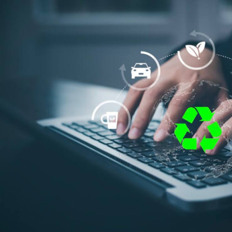 Businessman using laptops and touch recycle symbol with virtual modern reduce CO2 emission concept with icons, global warming emissions carbon footprint climate change to limit global warming, energy