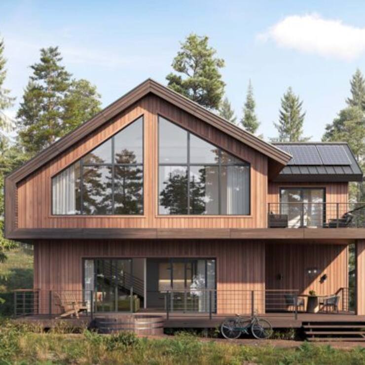 3d rendering of wooden forest house surrounded by trees. Digitally generated image of a luxurious forest bungalow with large windows during day.