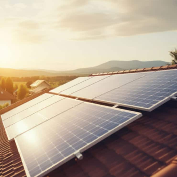 Construction industry, aerial view. An electrician in a helmet is installing a solar panel system outdoors. Engineer builds solar panel station on house roof