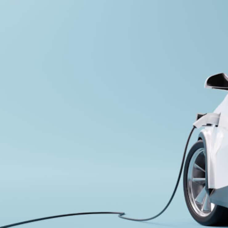 E-mobility, electric car charging battery on blue background. 3d