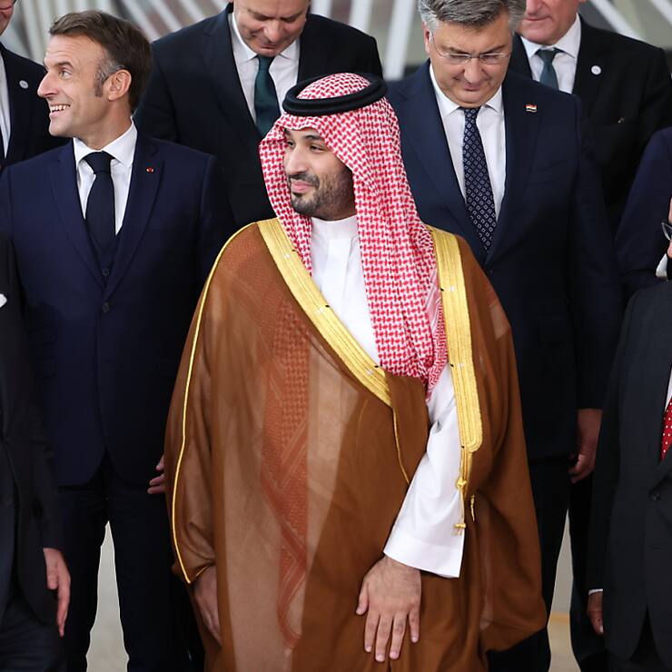 Le président du Conseil européen Charles Michel, le premier ministre d'Arabie saoudite, le prince Mohammed bin Salman bin Abdulaziz Al Saud et le premier ministre et prince héritier du Bahreïn Salman bin Hamad Al Khalifa au premier plan. Ce sommet était une première.