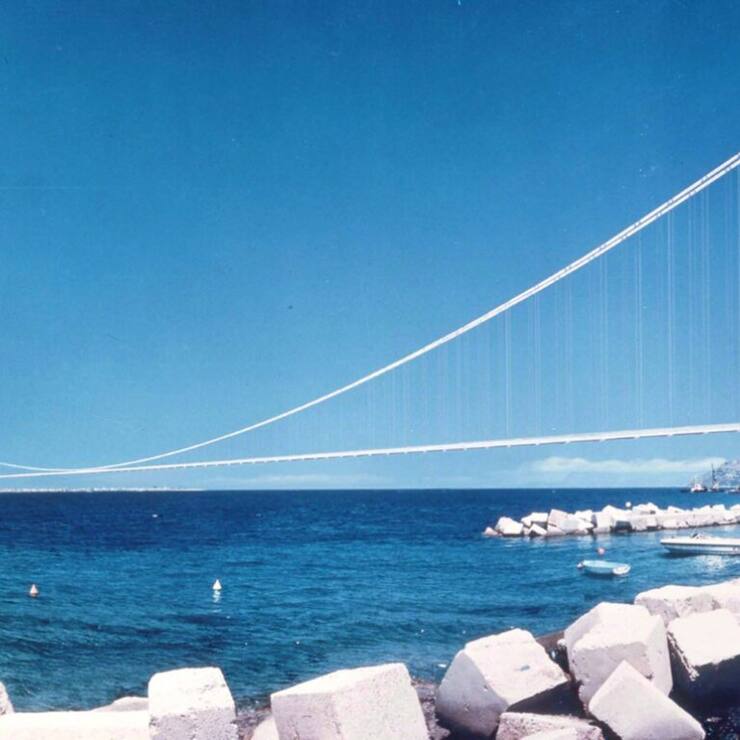 Une image de synthèse du pont suspendu prévu au-dessus du détroit de Messine, entre la Sicile et la calabre (archives).