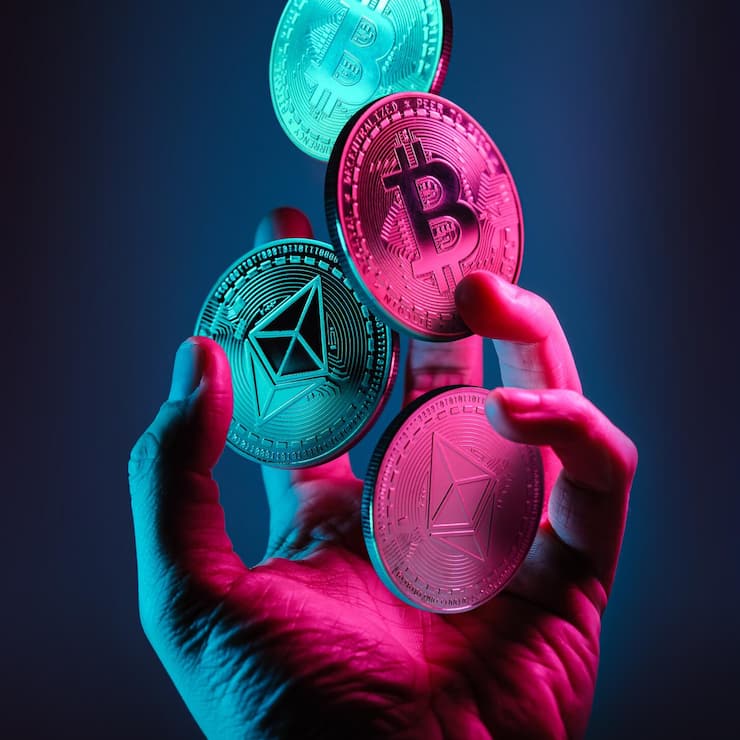 Ethereum,And,Bitcoin,Tokens,Floating,Over,A,Hand,With,Blue