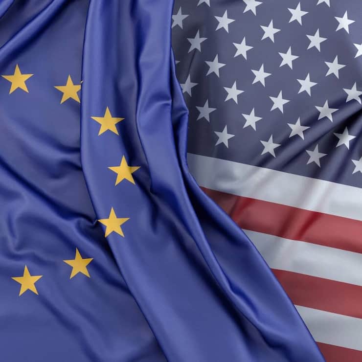 Ruffled Flags of European Union and United States of America. 3D Rendering