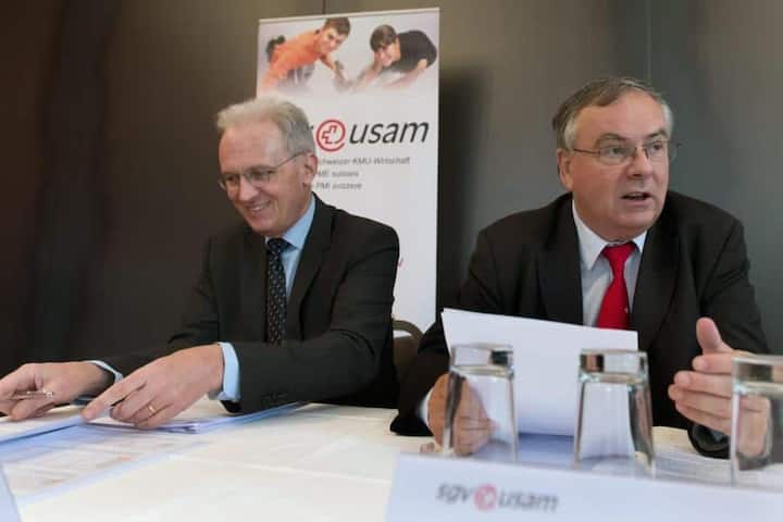 <p>Hans-Ulrich Bigler (à gauche), directeur de l'Union suisse des arts et métiers, et Jean-François Rime, président, se sont battus en 2013 contre le projet de densification des constructions (révision de l'aménagement du territoire).</p>