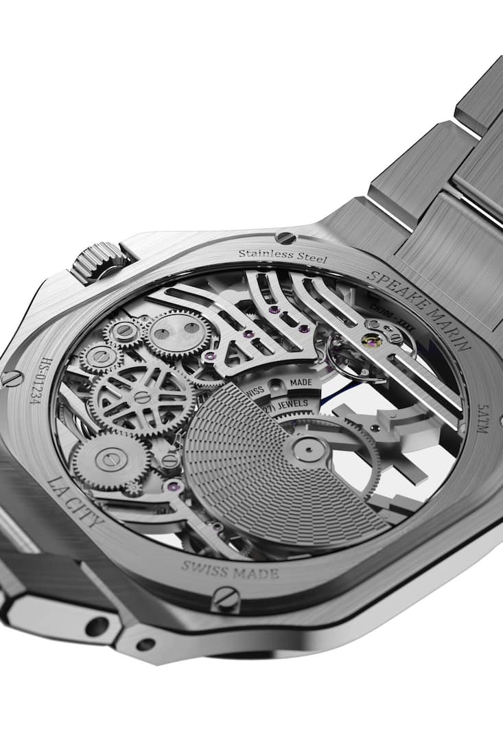 Le modèle Ripples Skeleton, équipé du nouveau calibre SMA07, l’un des 12 mouvements développés pour Speake Marin par le Cercle des Horlogers.